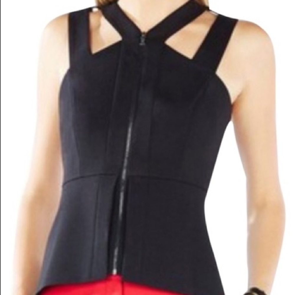 BCBG MaxAzria Raegan Black Peplum Zip Front Double Strap Tank Top